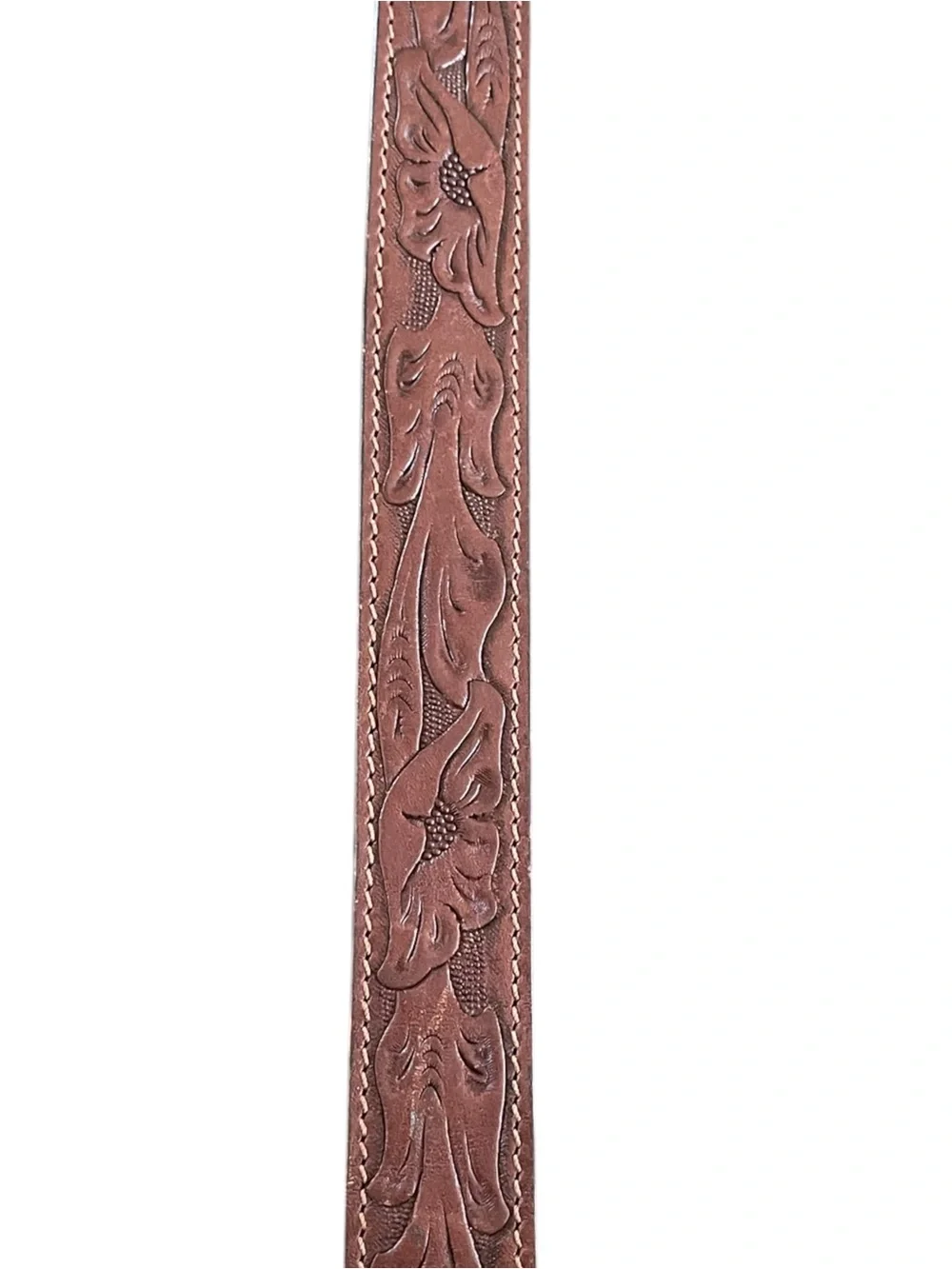 Brown Leather Floral Print Tooled Belt with Gold Finish Country Western Boho